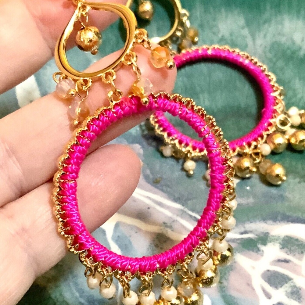LILLY PULITZER NWT EARRINGS BEACHCOMBER Gypsy Boho HOT PINK ⭐️DANGLING /Pierced - Picture 6 of 16